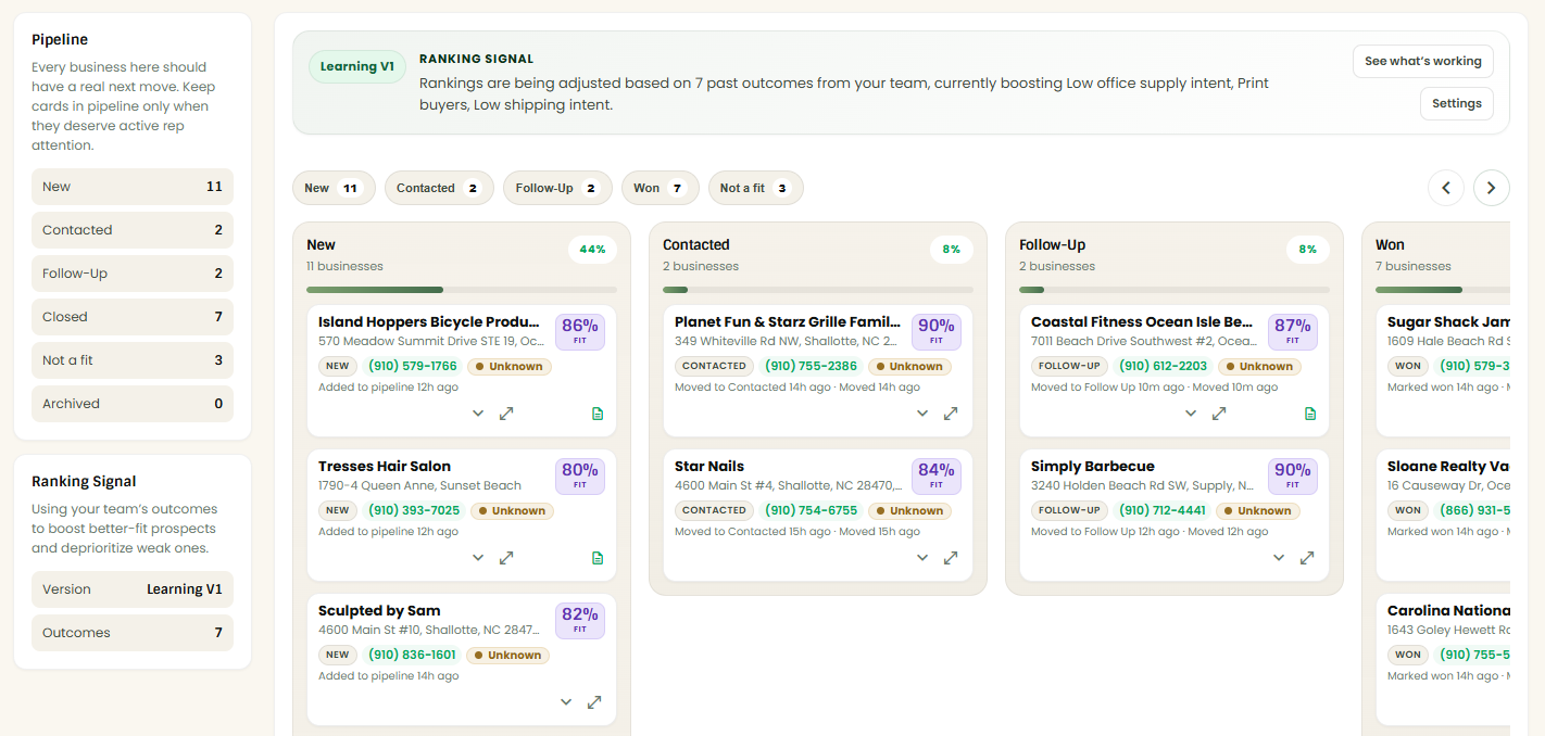 Canvass Planner pipeline board for working active businesses